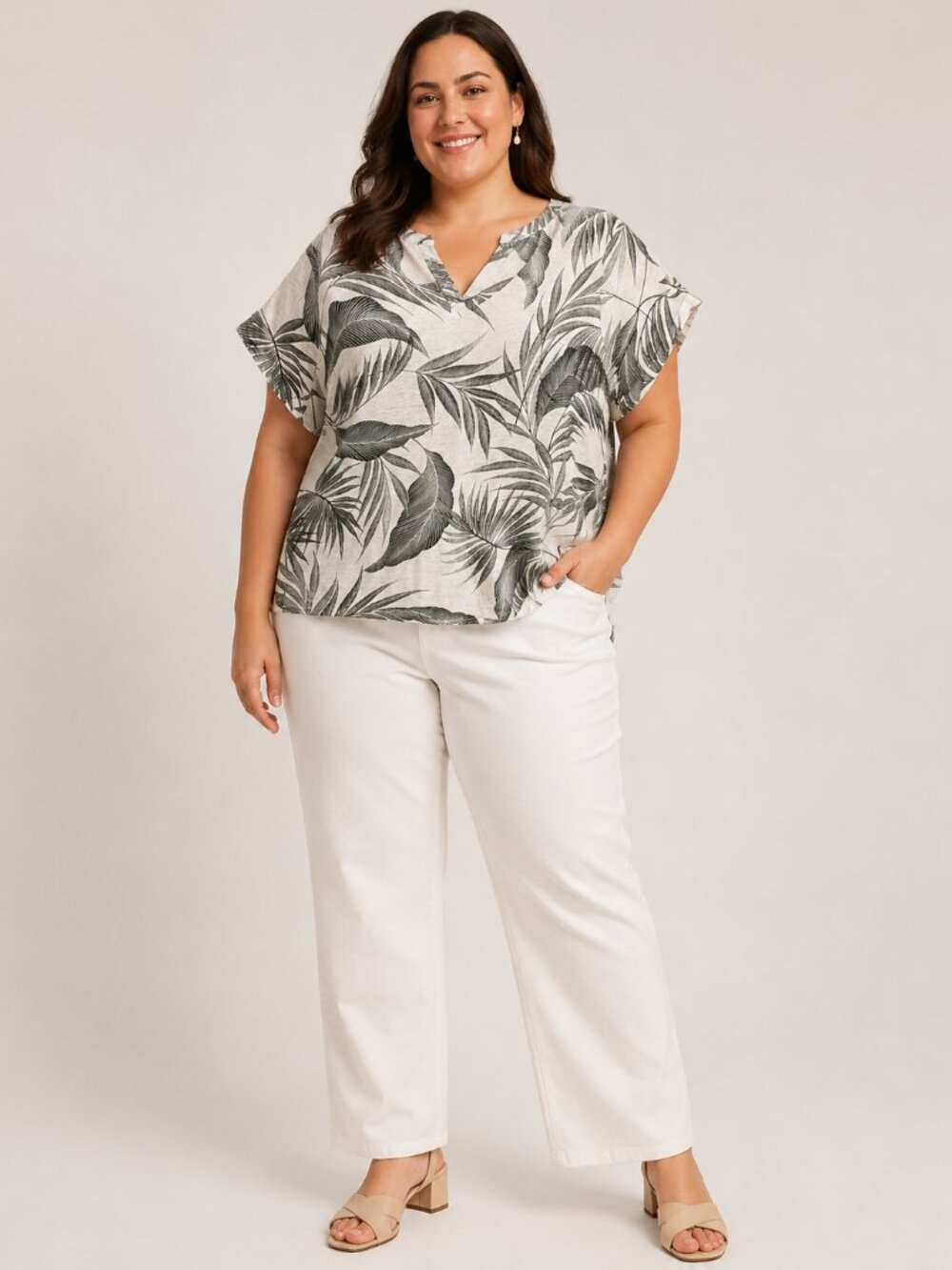 Tahari White Gray Tropical Palm Leaf 100% Linen Top Plus Size Notch Neck Blouse